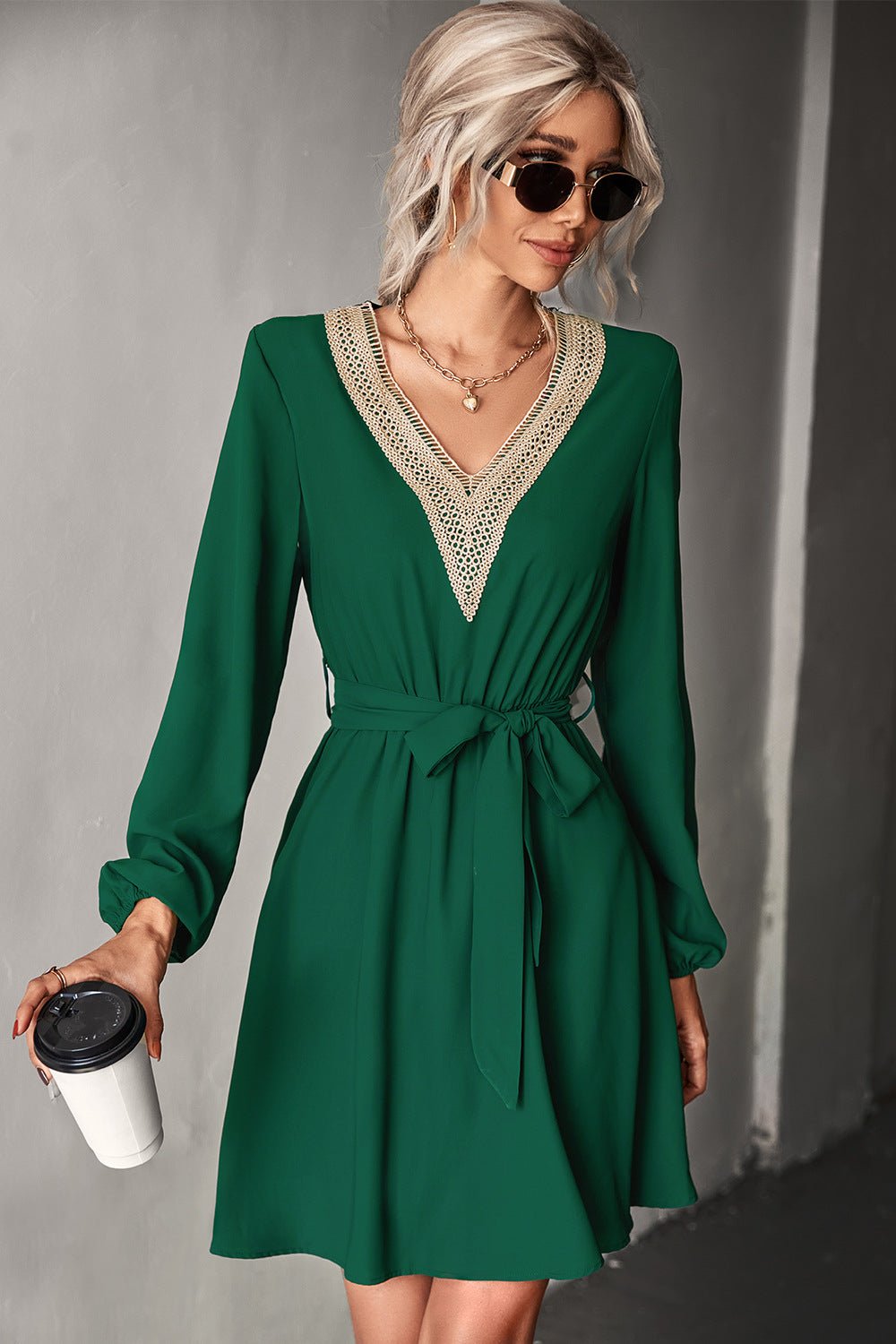 Contrast V - Neck Belted Dress - Runway Regalia