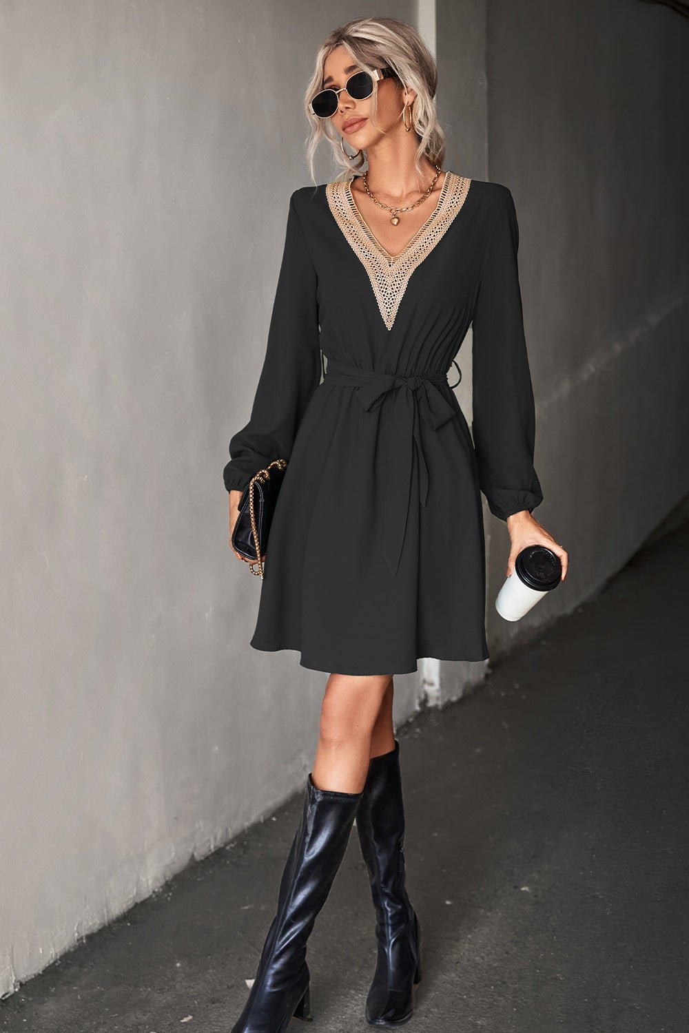 Contrast V - Neck Belted Dress - Runway Regalia