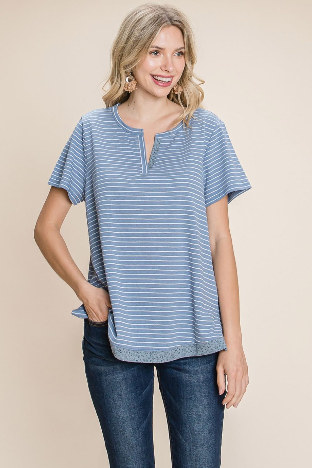 Cotton Bleu by Nu Lab Slit Striped Notched Short Sleeve T-Shirt - Runway Regalia