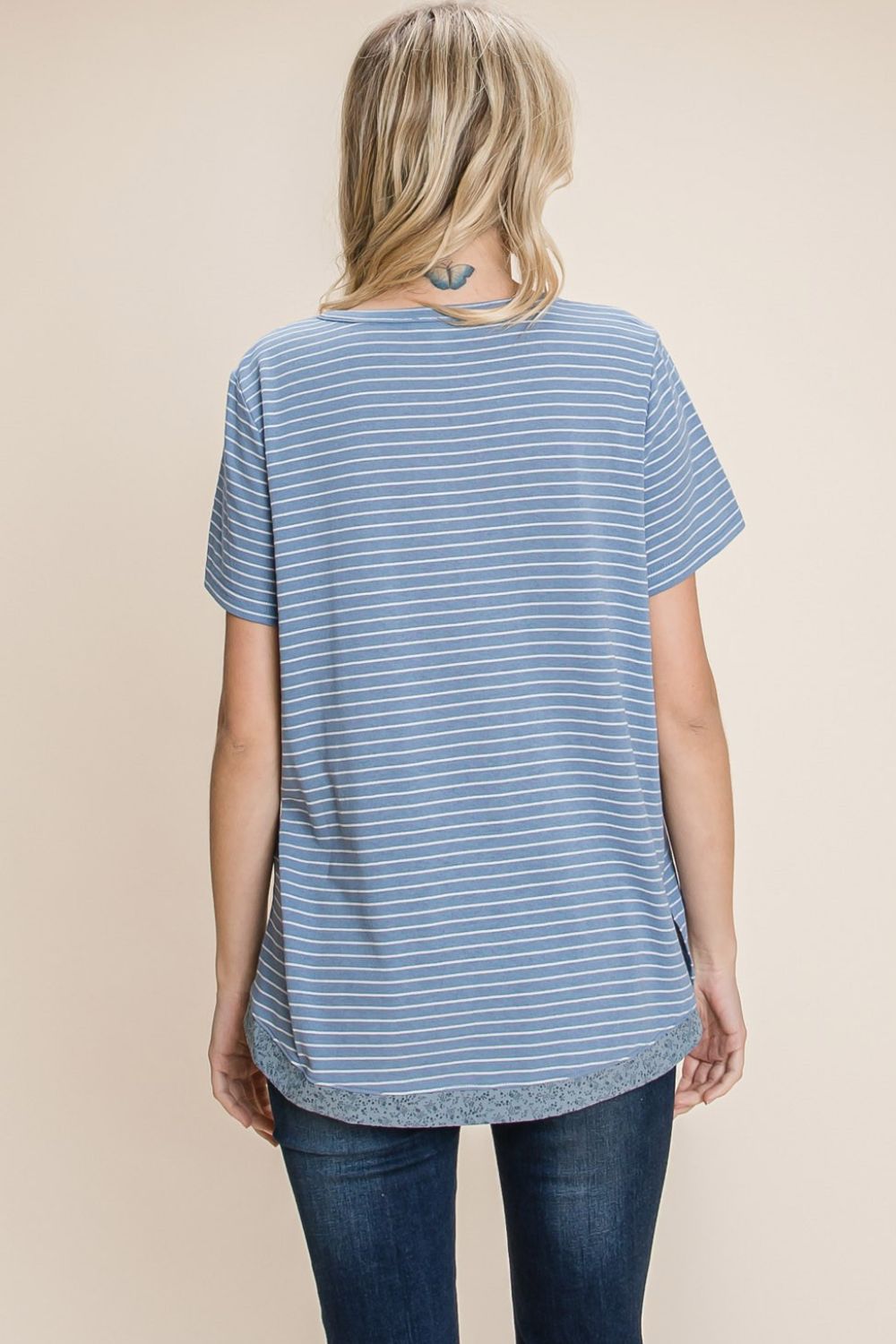 Cotton Bleu by Nu Lab Slit Striped Notched Short Sleeve T-Shirt - Runway Regalia