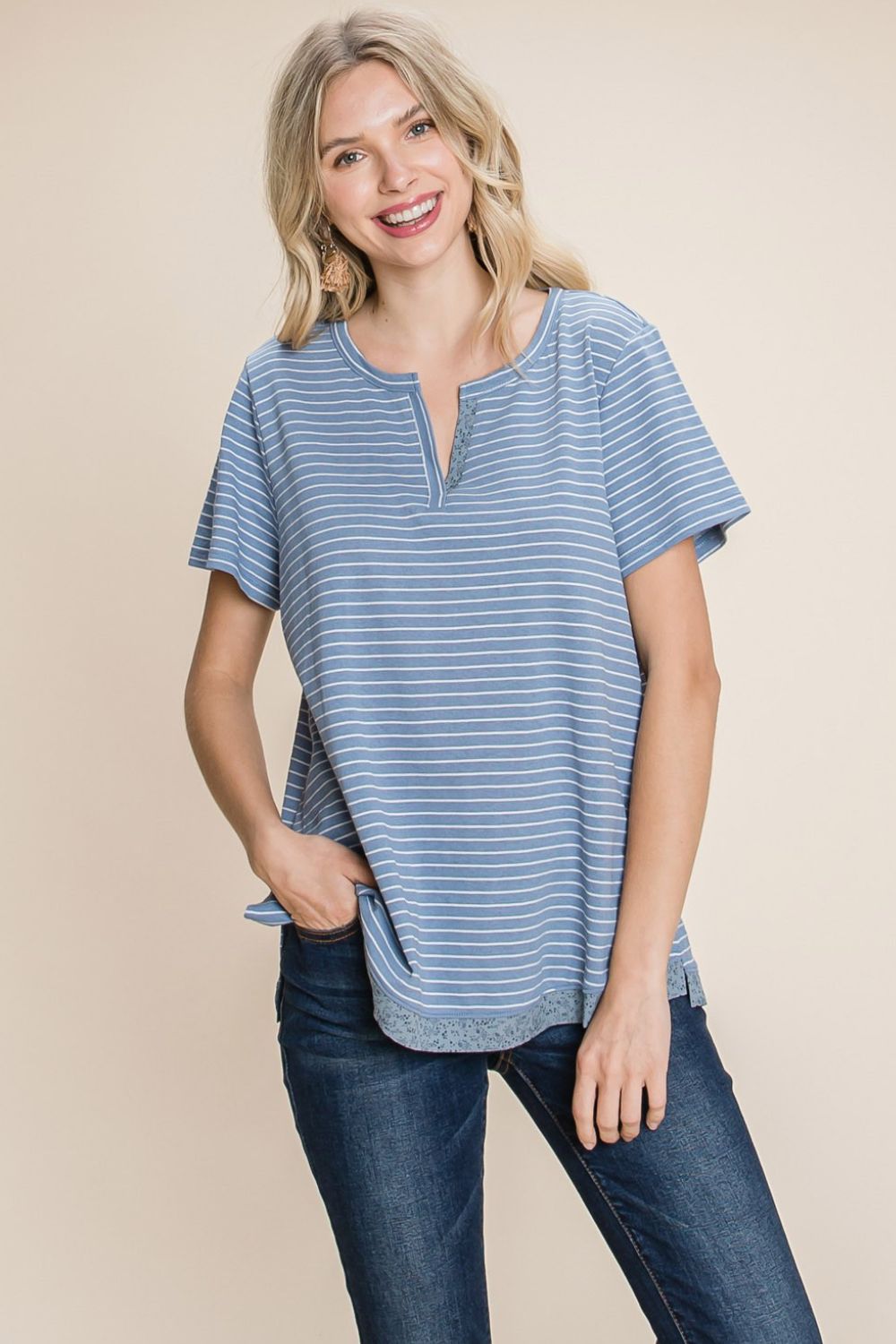 Cotton Bleu by Nu Lab Slit Striped Notched Short Sleeve T-Shirt - Runway Regalia