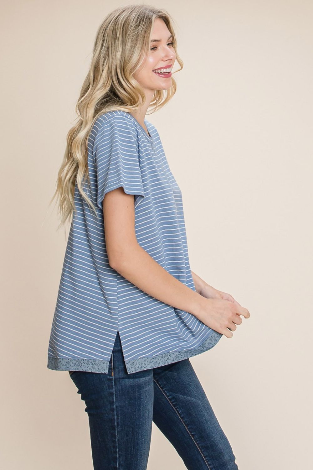 Cotton Bleu by Nu Lab Slit Striped Notched Short Sleeve T-Shirt - Runway Regalia