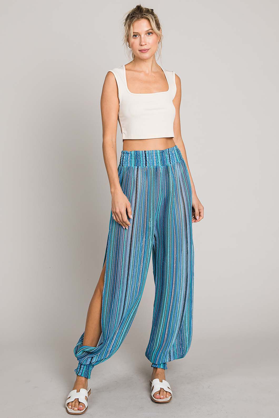 Cotton Bleu by Nu Label Striped Smocked Cover Up Pants - Runway Regalia