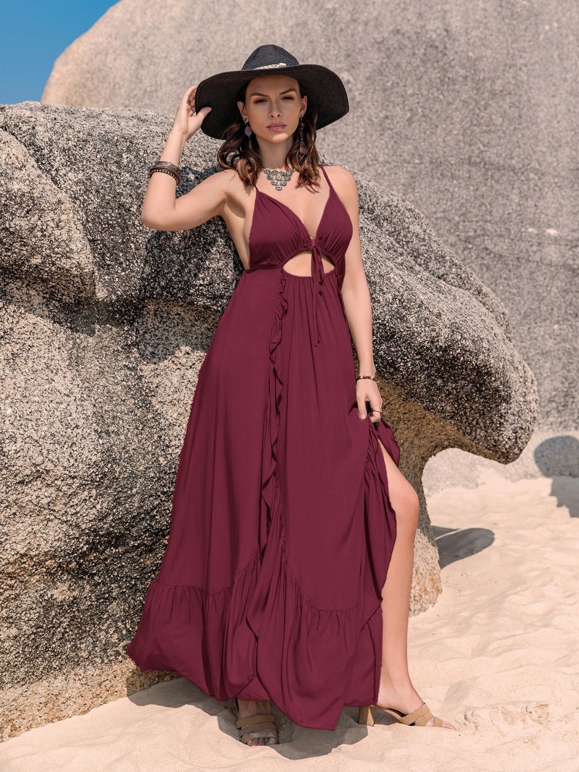 Crisscross Back Drawstring Ruffle Trim Maxi Dress - Runway Regalia