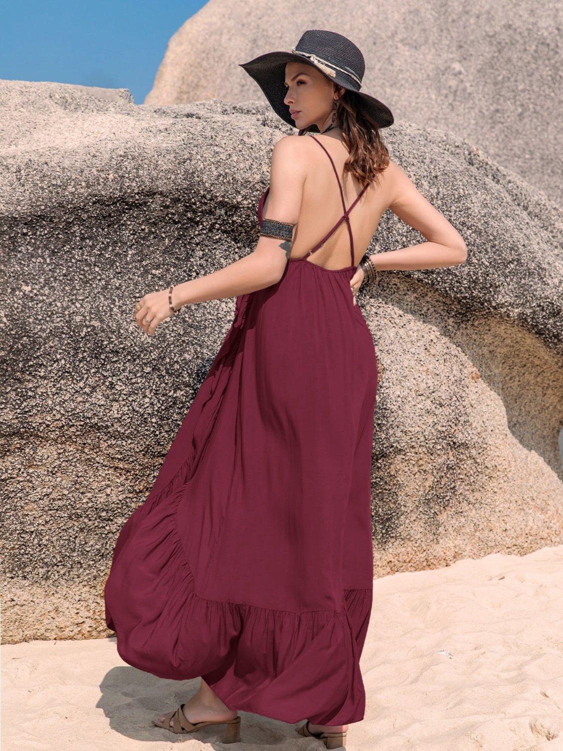 Crisscross Back Drawstring Ruffle Trim Maxi Dress - Runway Regalia