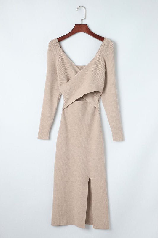 Crisscross Long Sleeve Slit Sweater Dress - Runway Regalia