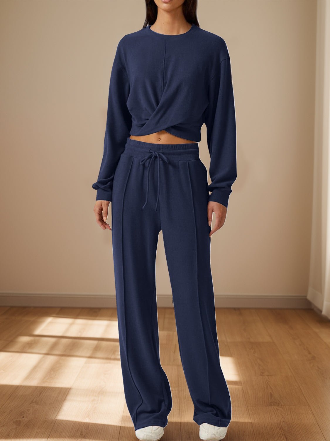 Crisscross Round Neck Top and Drawstring Pants Set - Runway Regalia