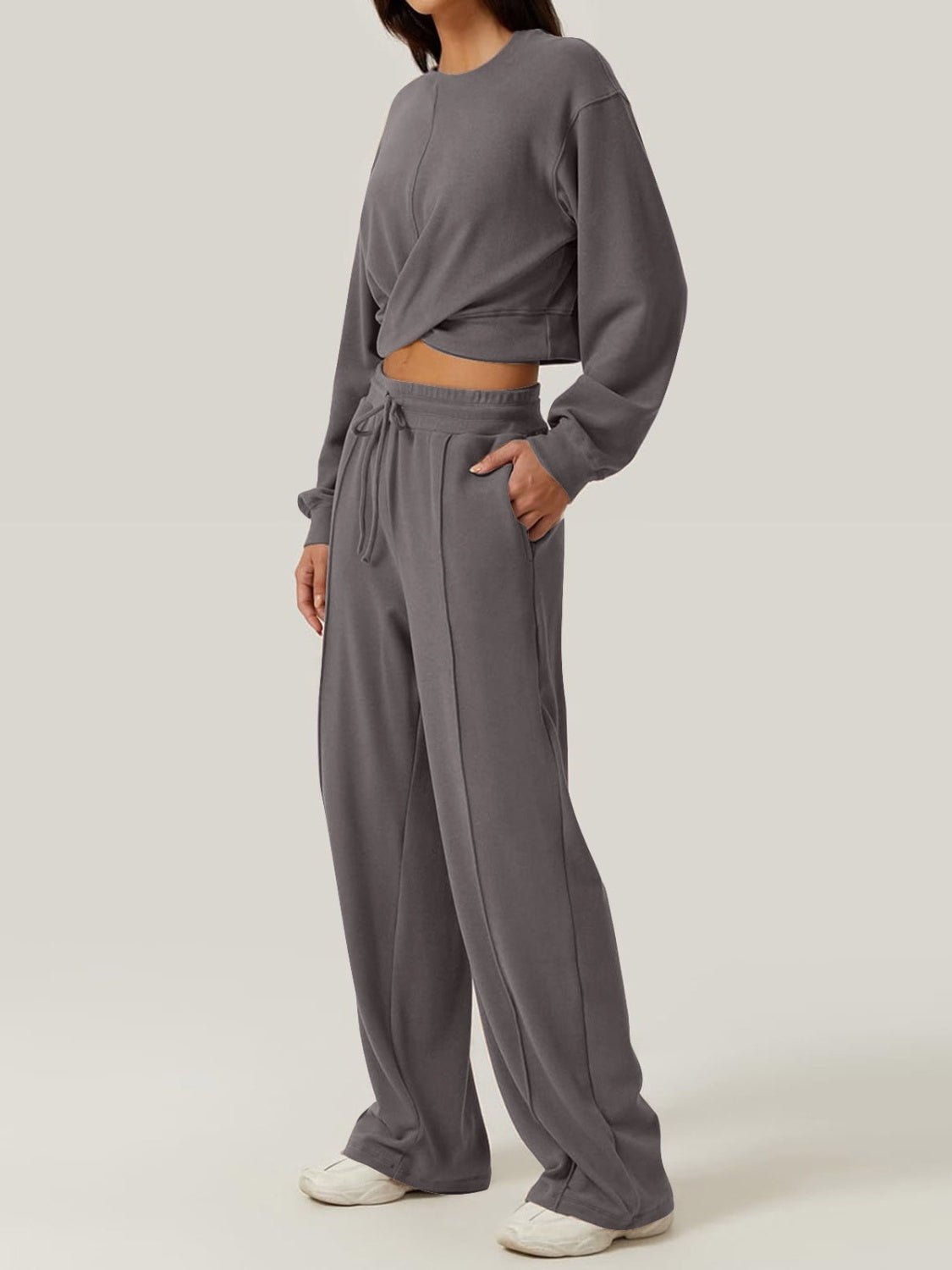 Crisscross Round Neck Top and Drawstring Pants Set - Runway Regalia