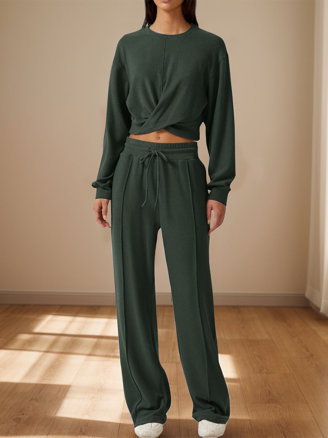 Crisscross Round Neck Top and Drawstring Pants Set - Runway Regalia