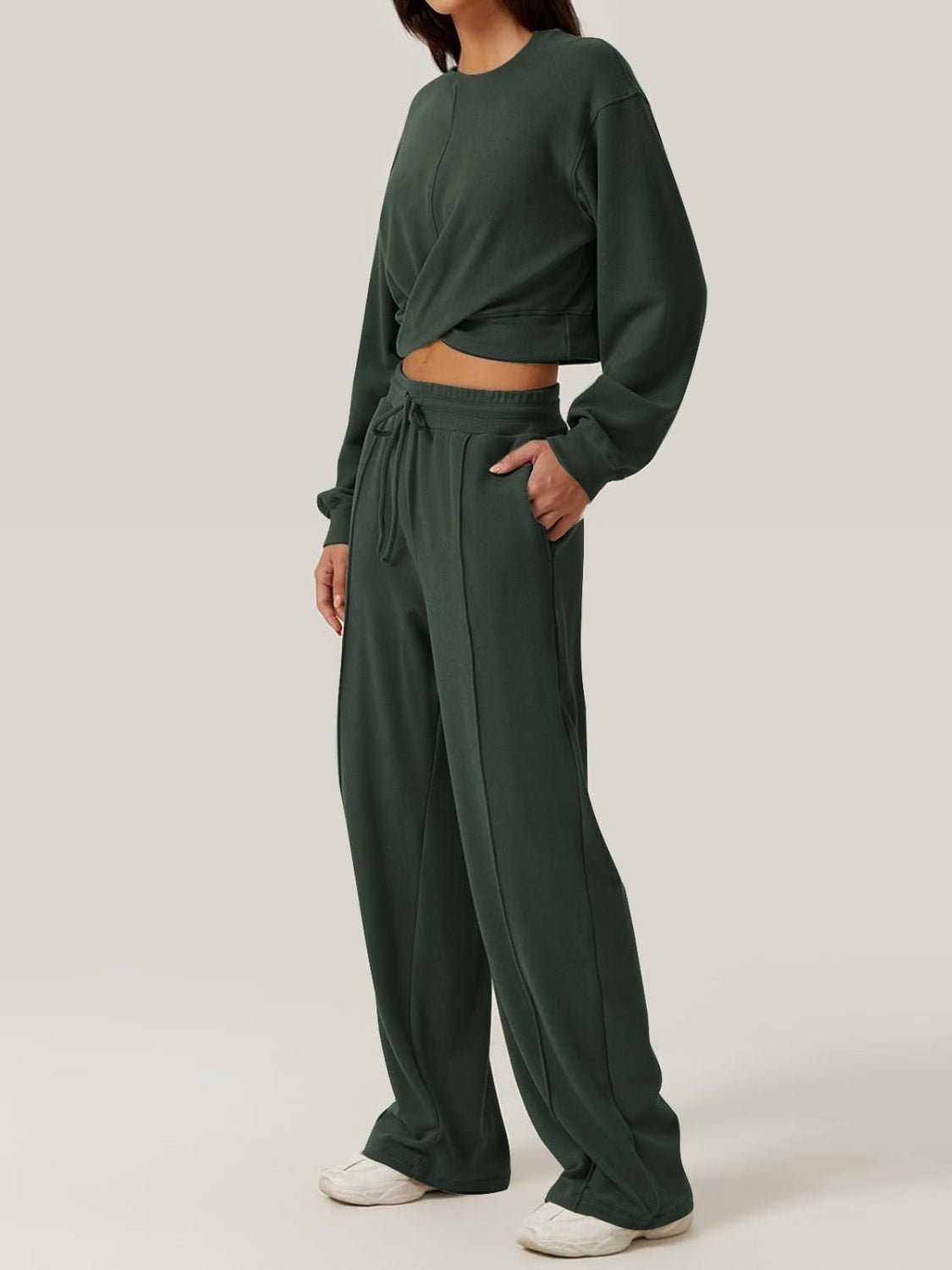 Crisscross Round Neck Top and Drawstring Pants Set - Runway Regalia