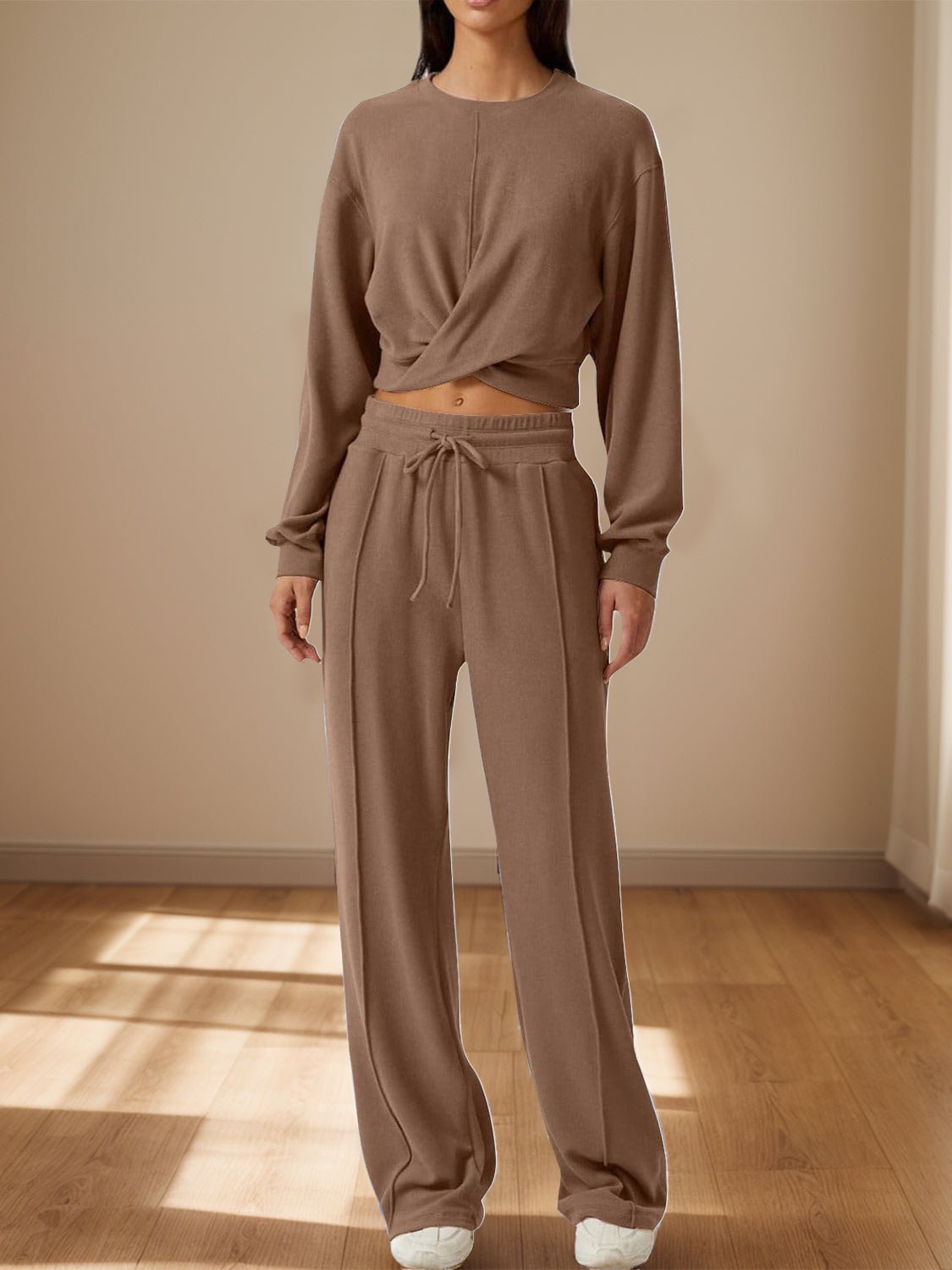 Crisscross Round Neck Top and Drawstring Pants Set - Runway Regalia