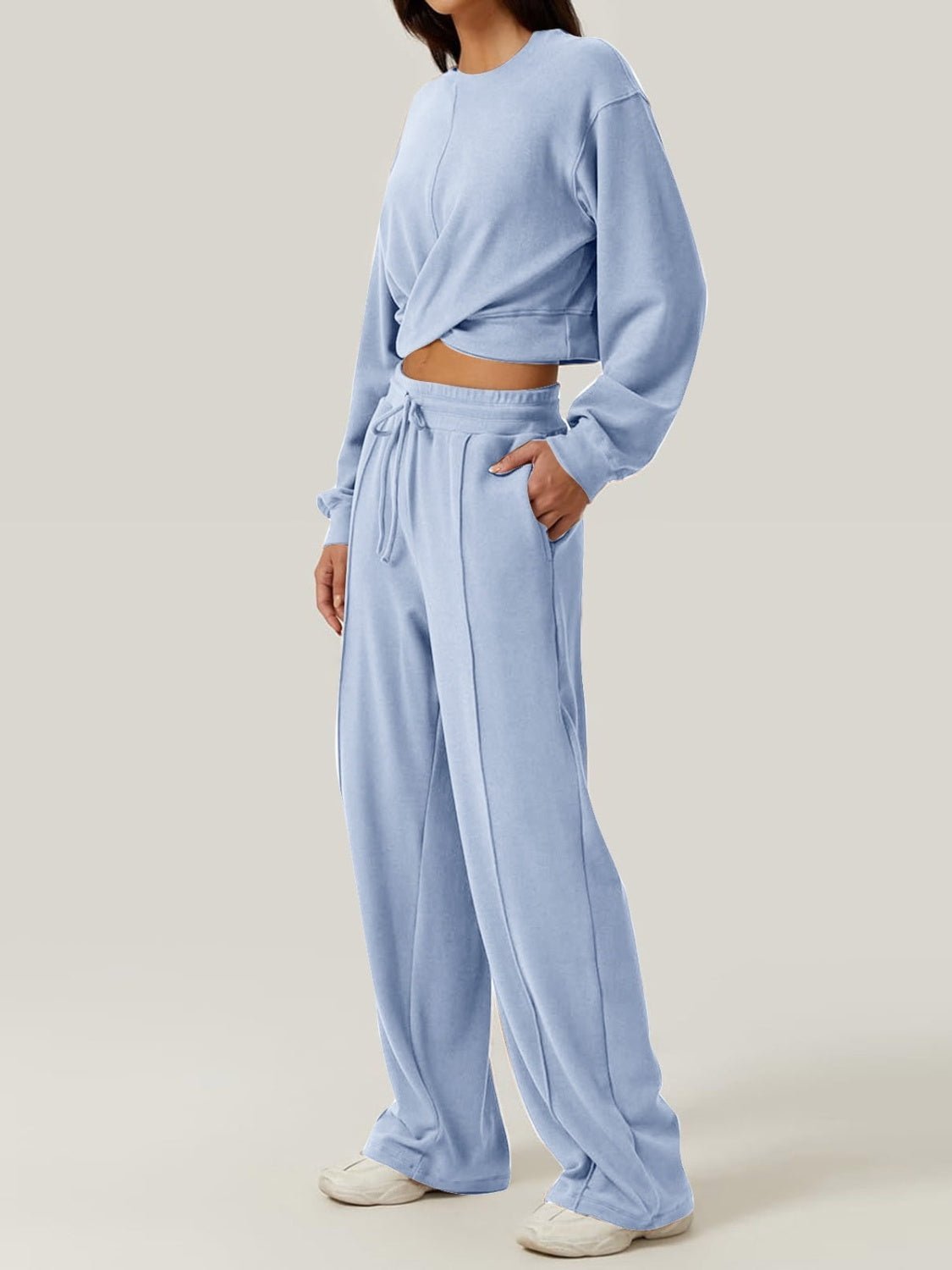 Crisscross Round Neck Top and Drawstring Pants Set - Runway Regalia