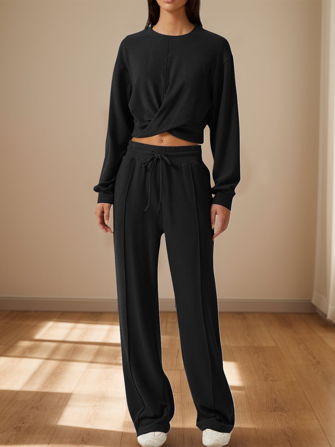 Crisscross Round Neck Top and Drawstring Pants Set - Runway Regalia