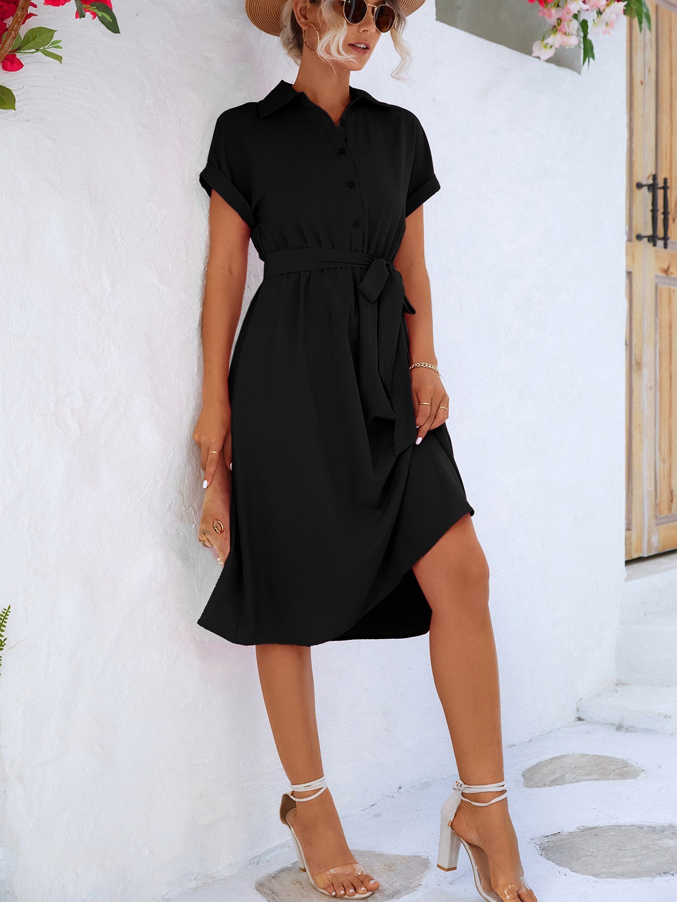 Cuffed Short Sleeve Belted Shirt Dress - Runway Regalia