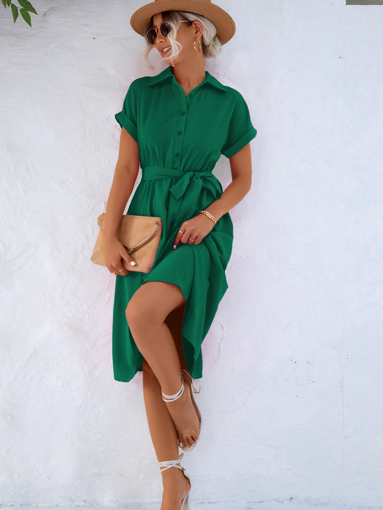 Cuffed Short Sleeve Belted Shirt Dress - Runway Regalia