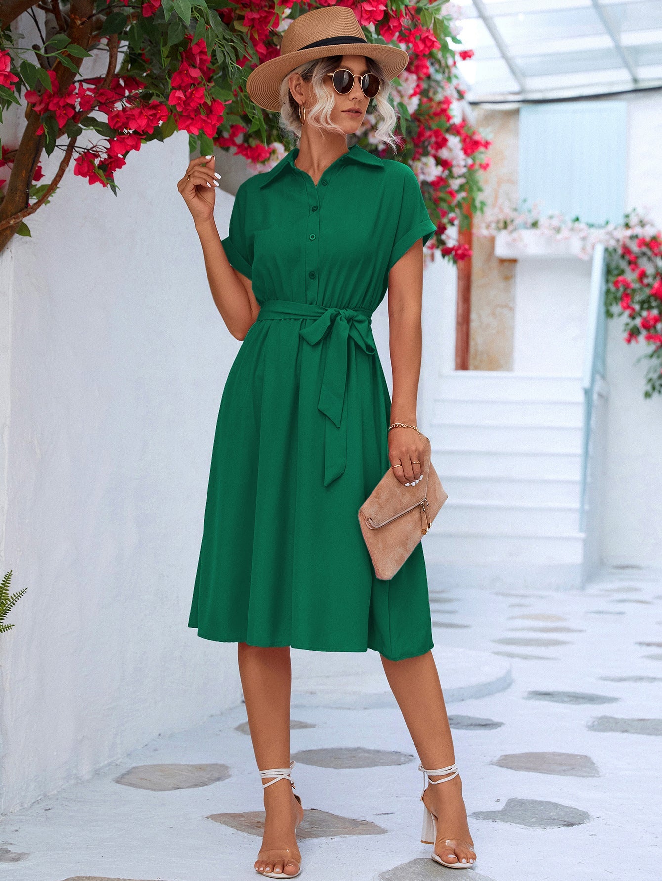 Cuffed Short Sleeve Belted Shirt Dress - Runway Regalia