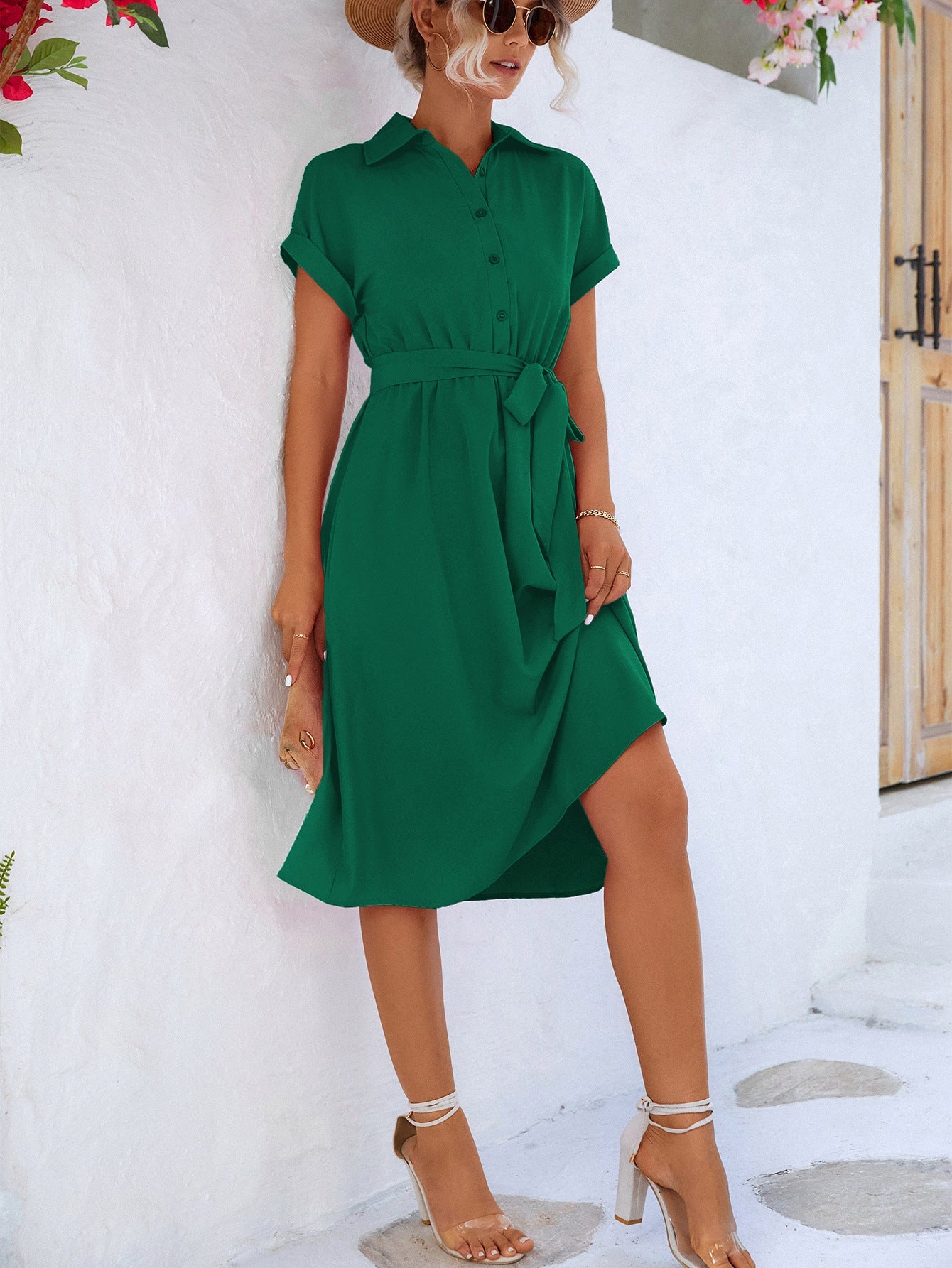 Cuffed Short Sleeve Belted Shirt Dress - Runway Regalia