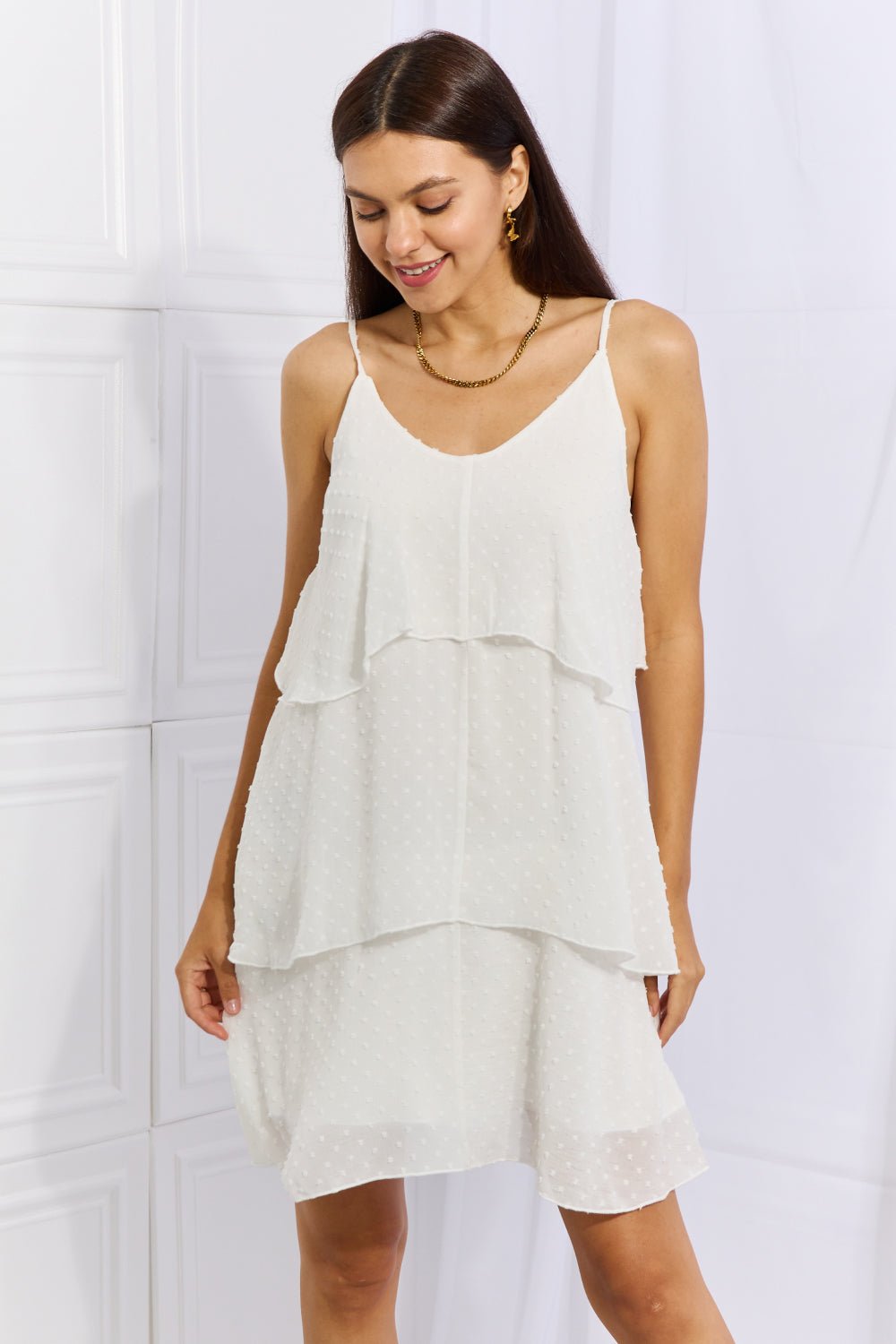 Culture Code By The River Full Size Cascade Ruffle Style Cami Dress in Soft White - Runway Regalia