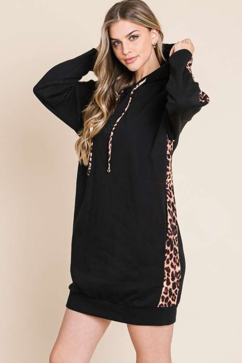 Culture Code Drawstring Leopard Long Sleeve Hooded Dress - Runway Regalia