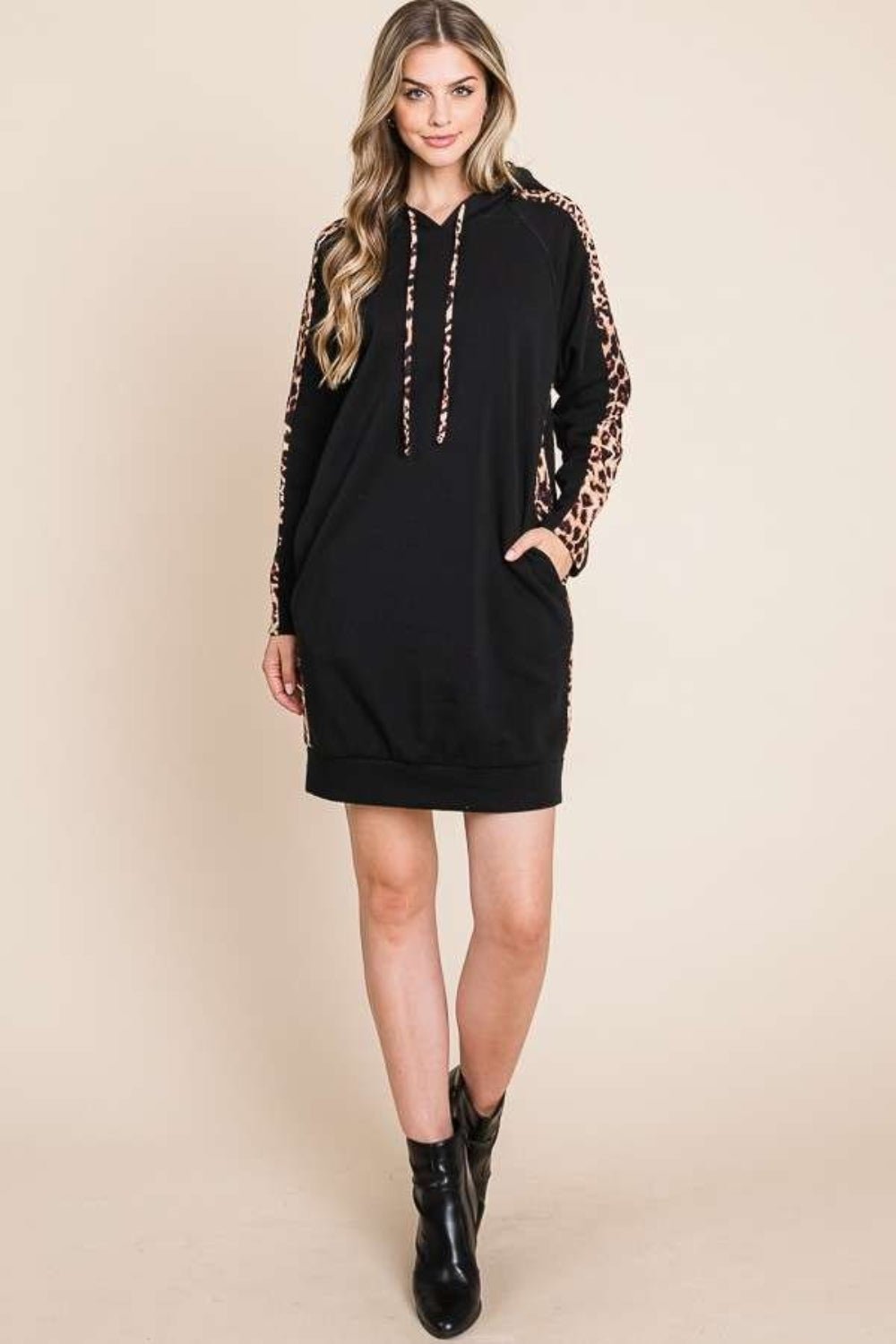 Culture Code Drawstring Leopard Long Sleeve Hooded Dress - Runway Regalia