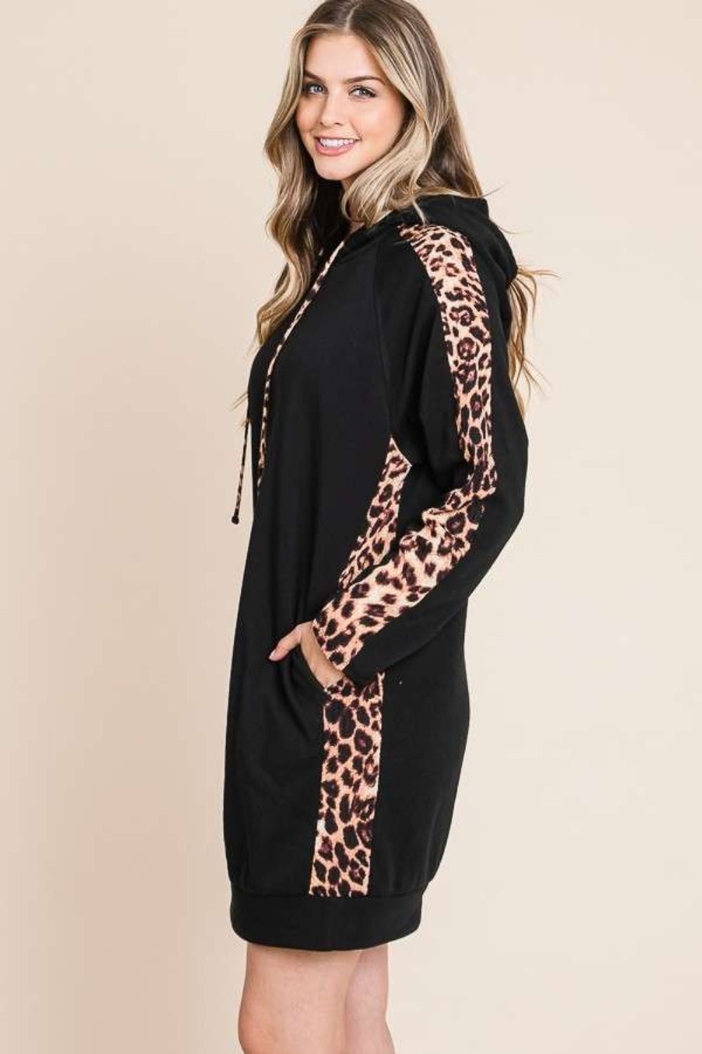 Culture Code Drawstring Leopard Long Sleeve Hooded Dress - Runway Regalia