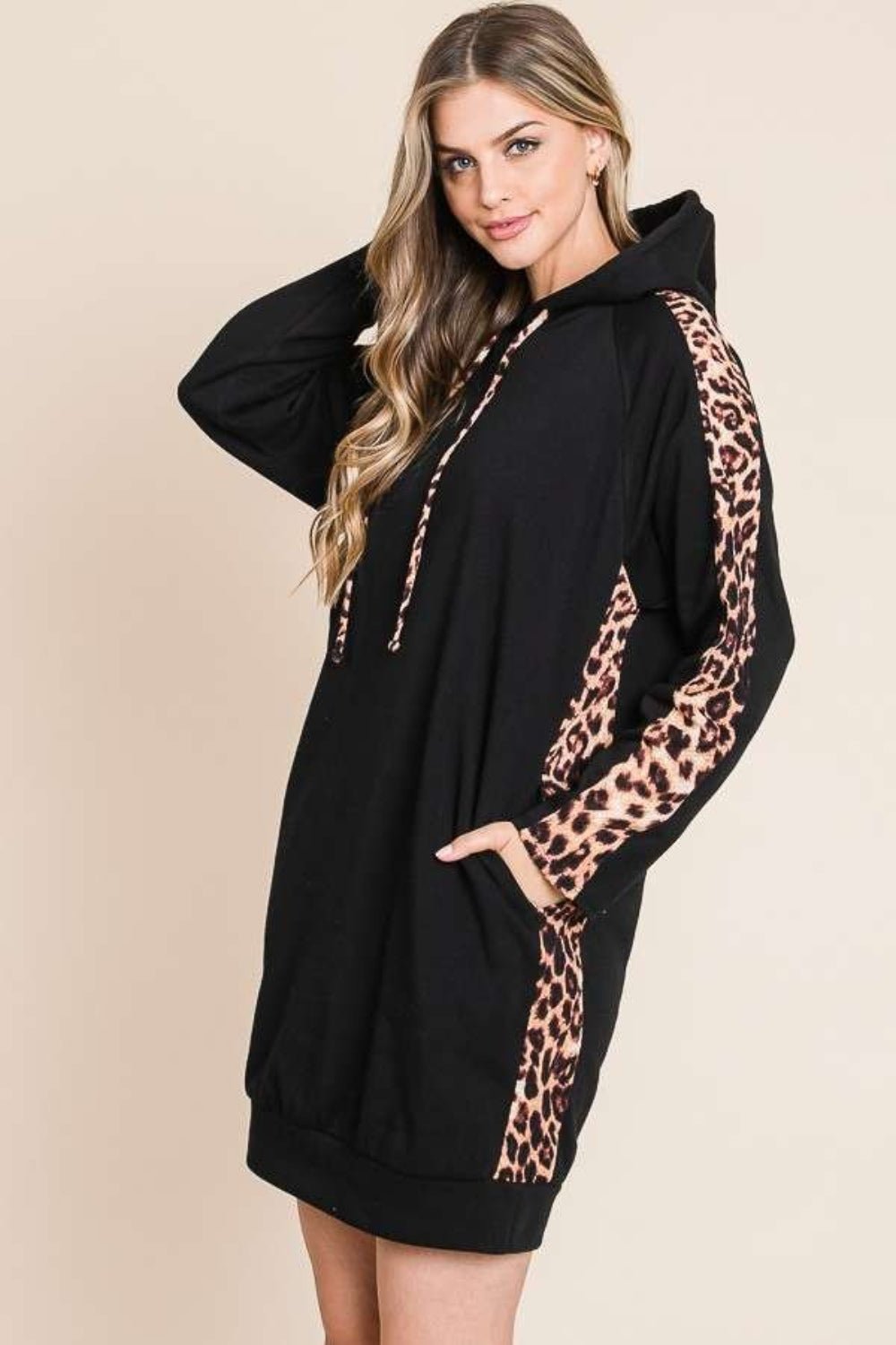 Culture Code Drawstring Leopard Long Sleeve Hooded Dress - Runway Regalia