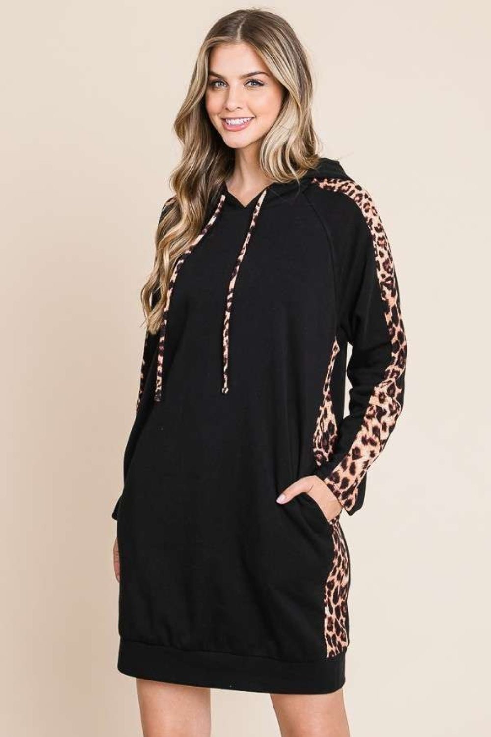 Culture Code Drawstring Leopard Long Sleeve Hooded Dress - Runway Regalia