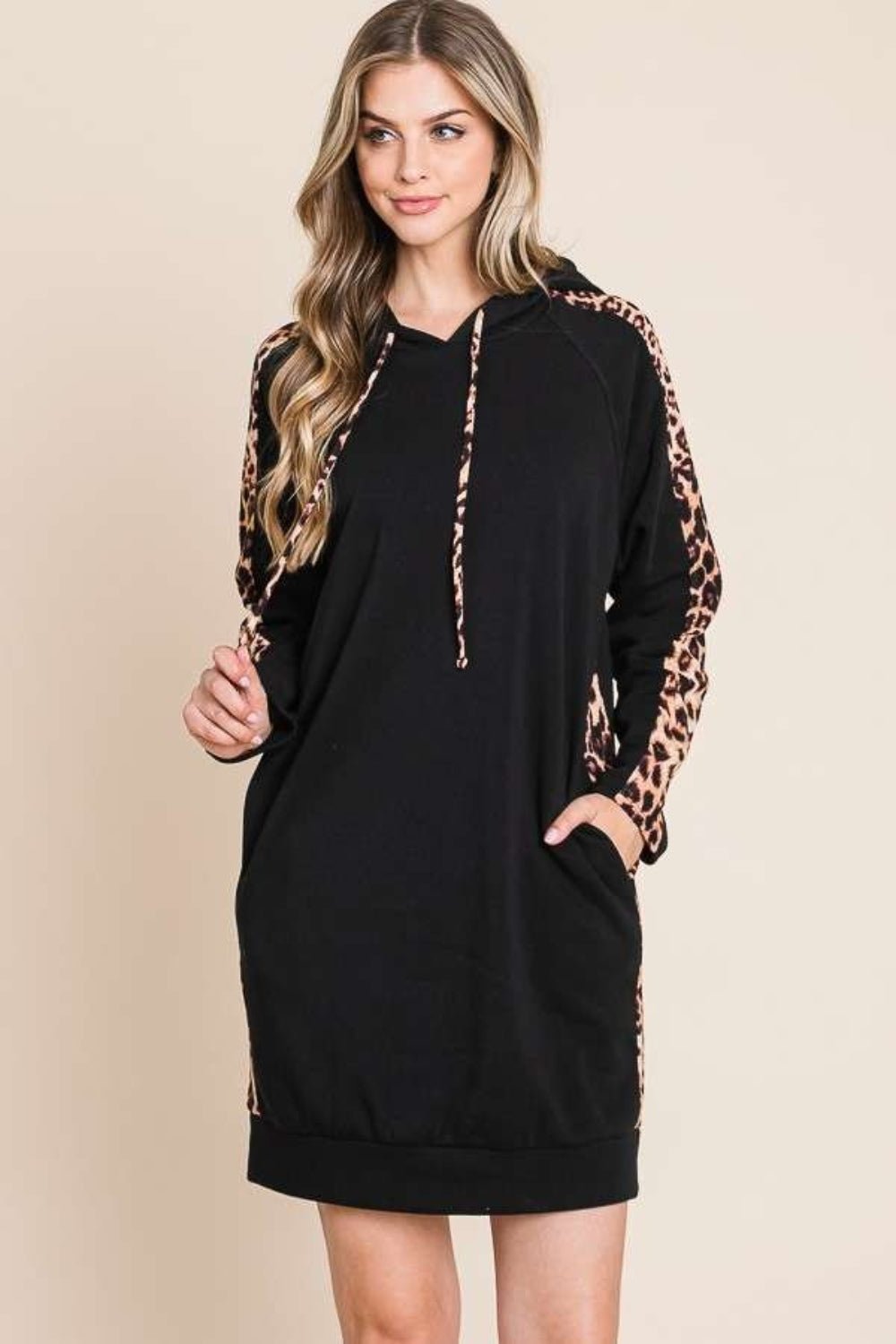 Culture Code Drawstring Leopard Long Sleeve Hooded Dress - Runway Regalia