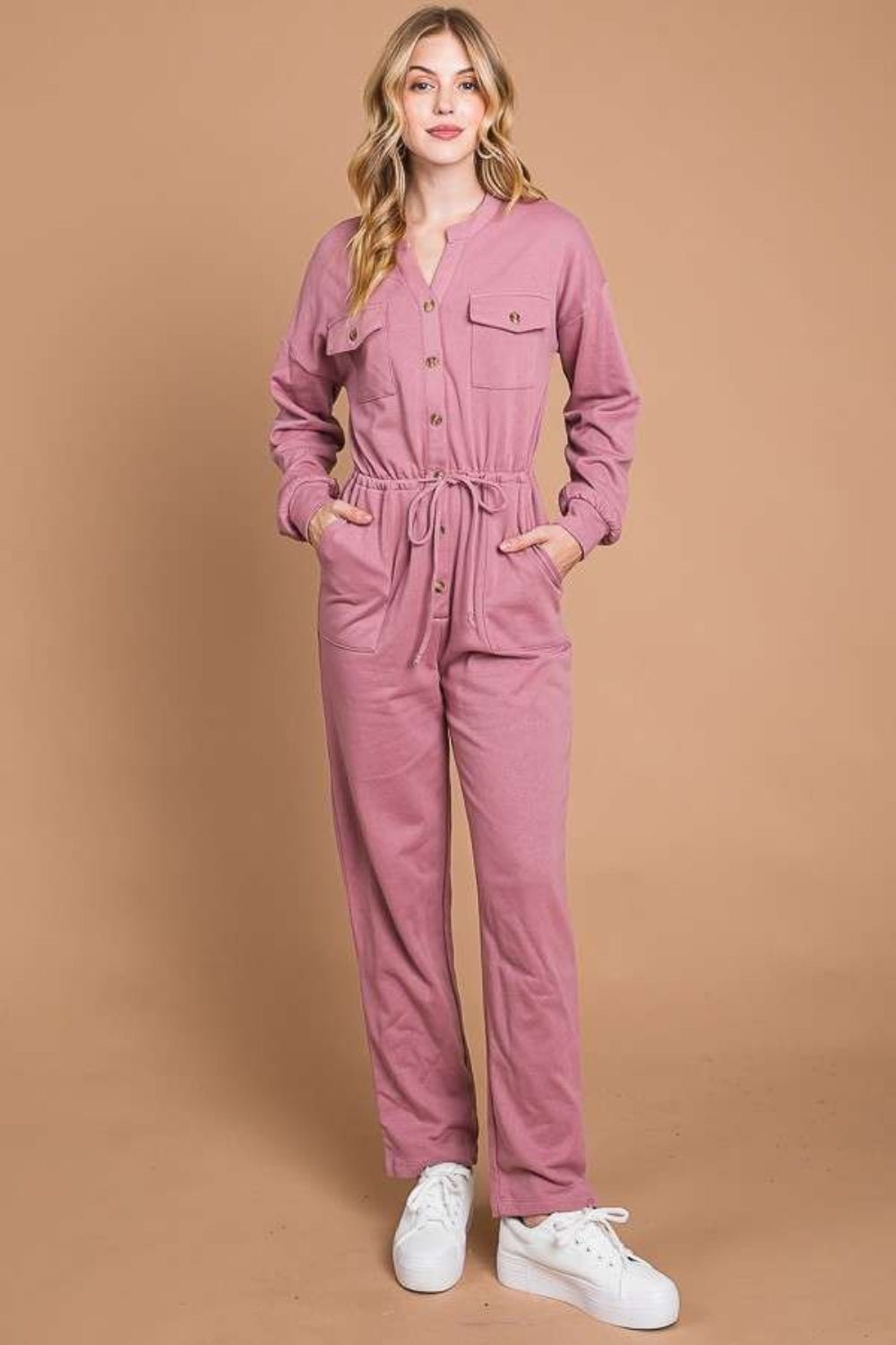 Culture Code Full Size Button Up Drawstring Waist Straight Jumpsuit - Runway Regalia