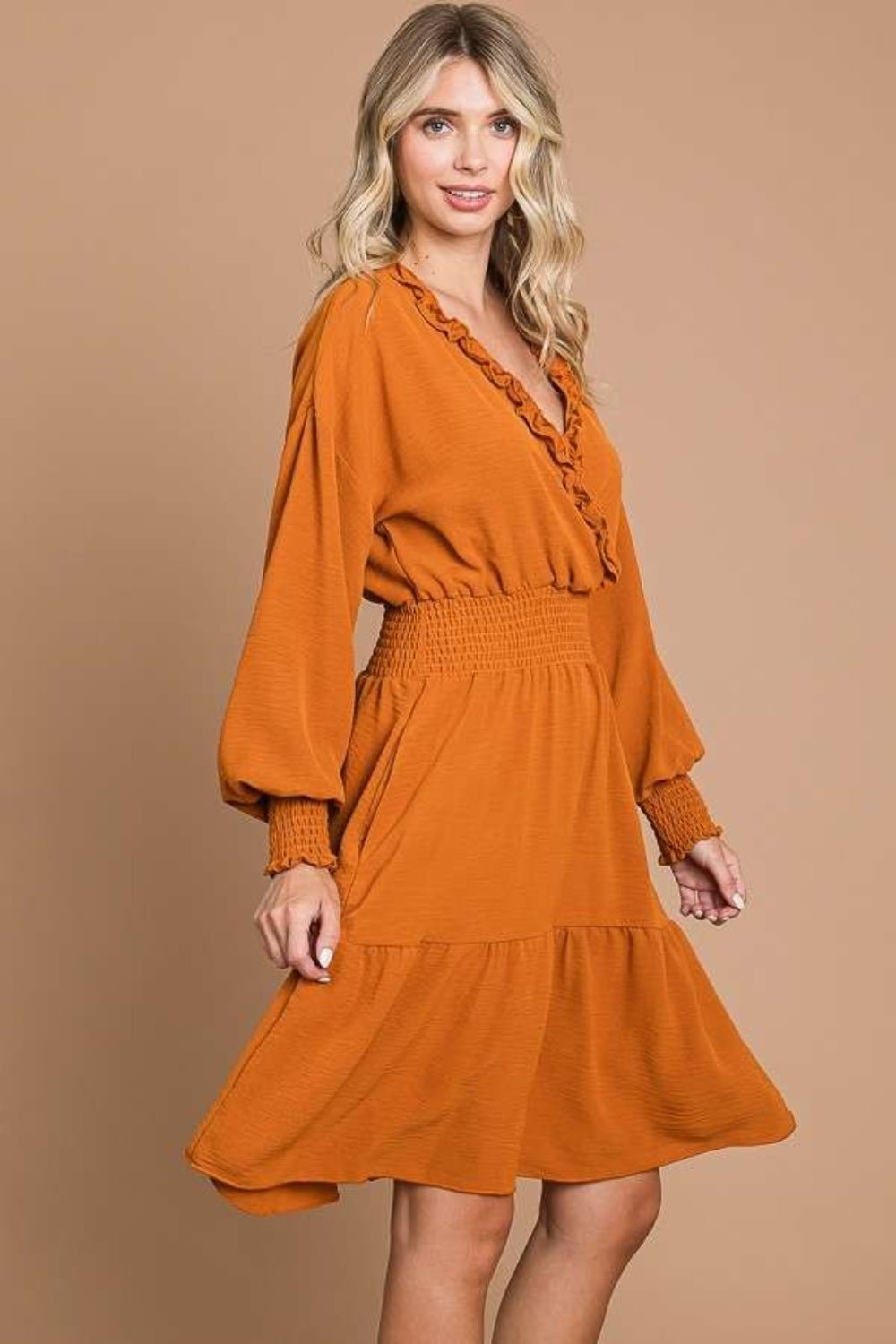 Culture Code Full Size Frill Smocked Lantern Sleeve Mini Dress - Runway Regalia