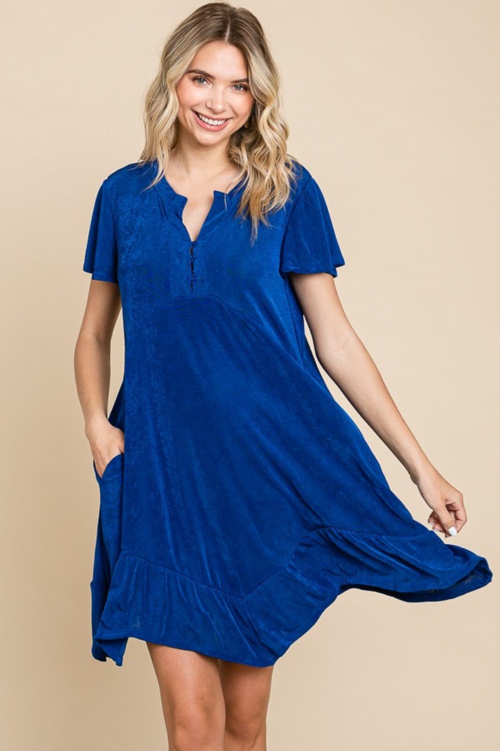 Culture Code Full Size Short Sleeve Ruffled Asymmetric Hem Dress - Runway Regalia