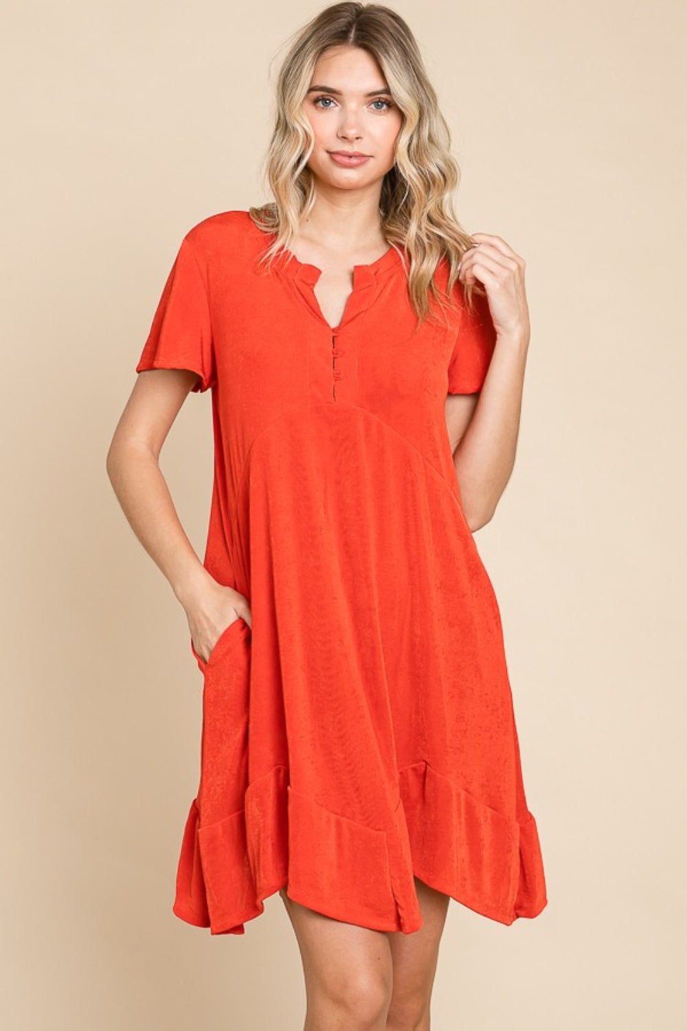 Culture Code Full Size Short Sleeve Ruffled Asymmetric Hem Dress - Runway Regalia