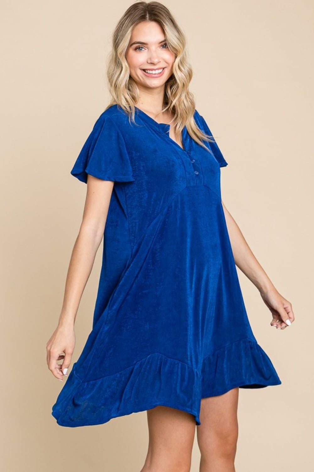 Culture Code Full Size Short Sleeve Ruffled Asymmetric Hem Dress - Runway Regalia