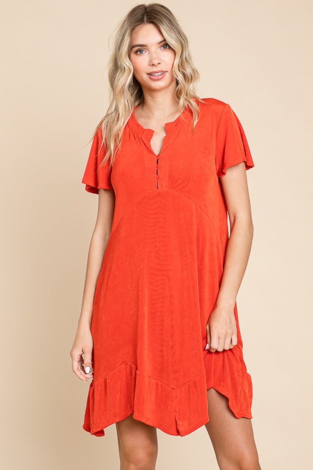 Culture Code Full Size Short Sleeve Ruffled Asymmetric Hem Dress - Runway Regalia