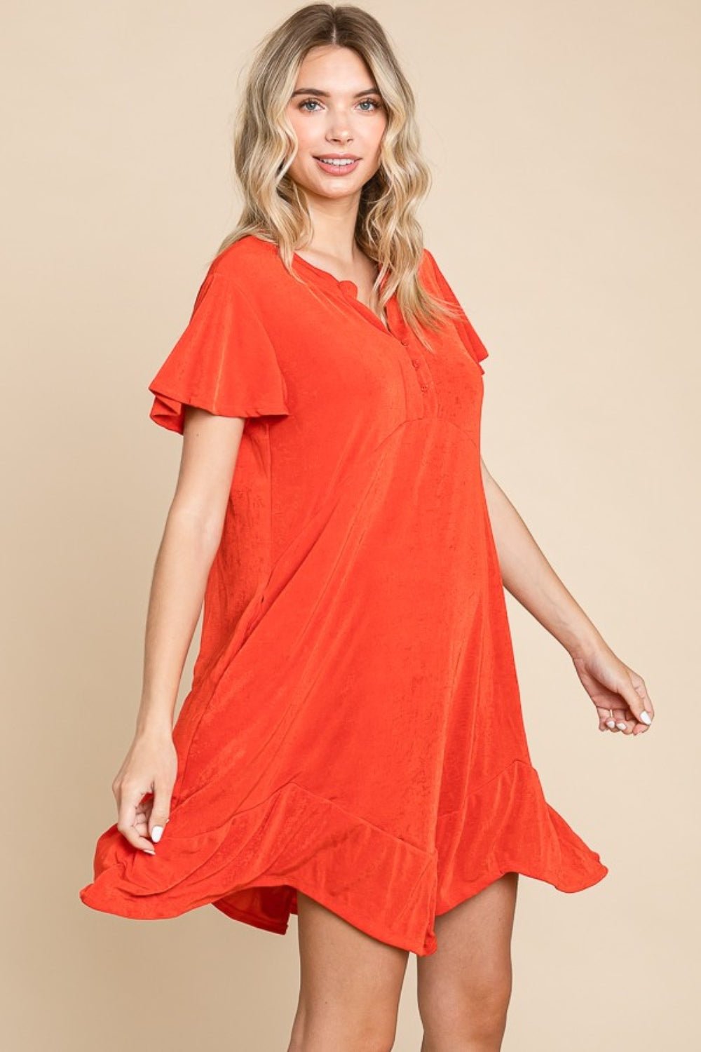 Culture Code Full Size Short Sleeve Ruffled Asymmetric Hem Dress - Runway Regalia