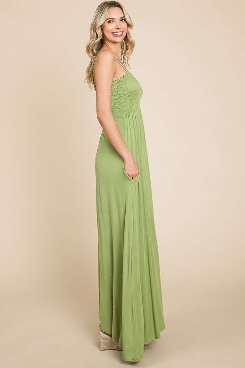 Culture Code Full Size Smocked Cami Maxi Dress with Pockets - Runway Regalia