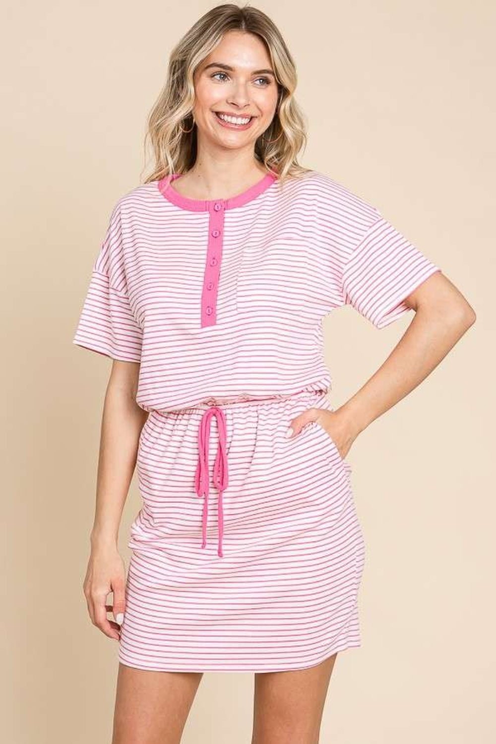 Culture Code Full Size Striped Short Sleeve Mini Dress with Pockets - Runway Regalia