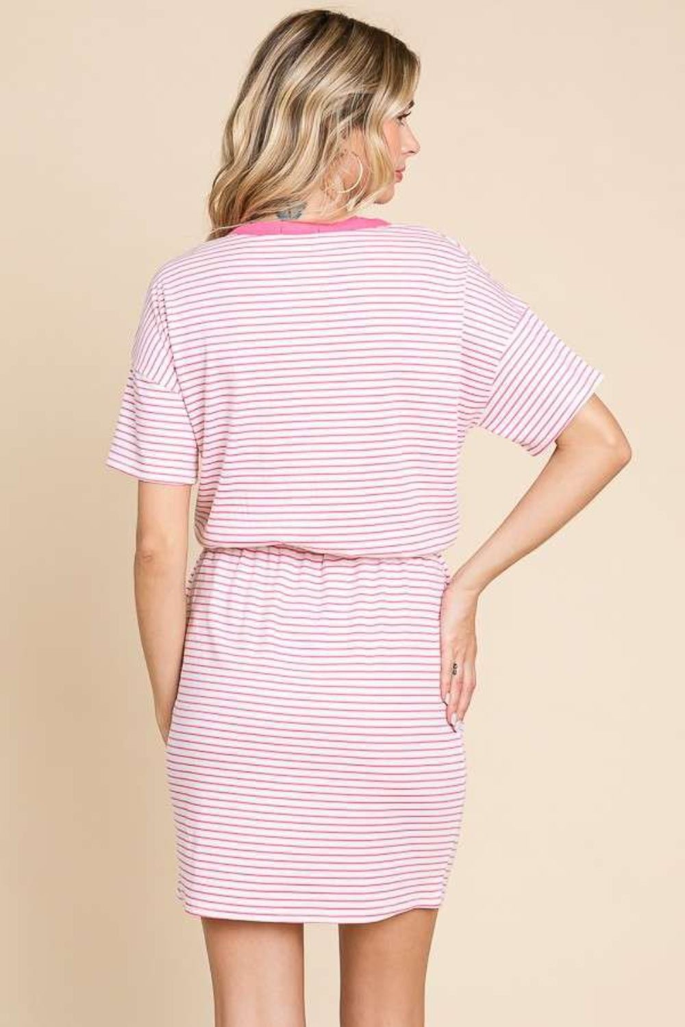 Culture Code Full Size Striped Short Sleeve Mini Dress with Pockets - Runway Regalia