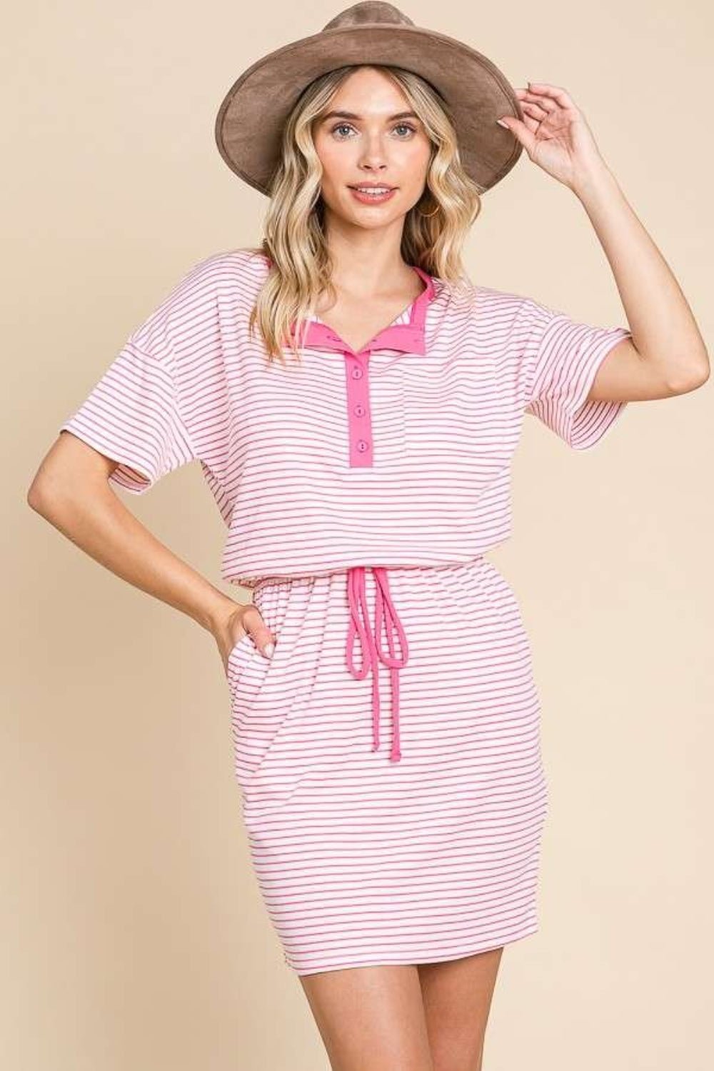 Culture Code Full Size Striped Short Sleeve Mini Dress with Pockets - Runway Regalia