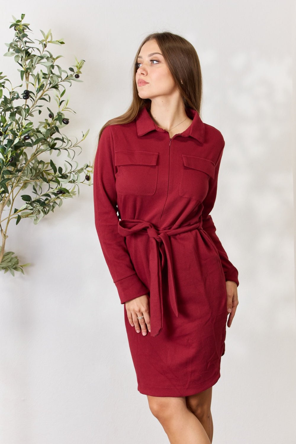 Culture Code Full Size Tie Front Half Zip Long Sleeve Shirt Dress - Runway Regalia