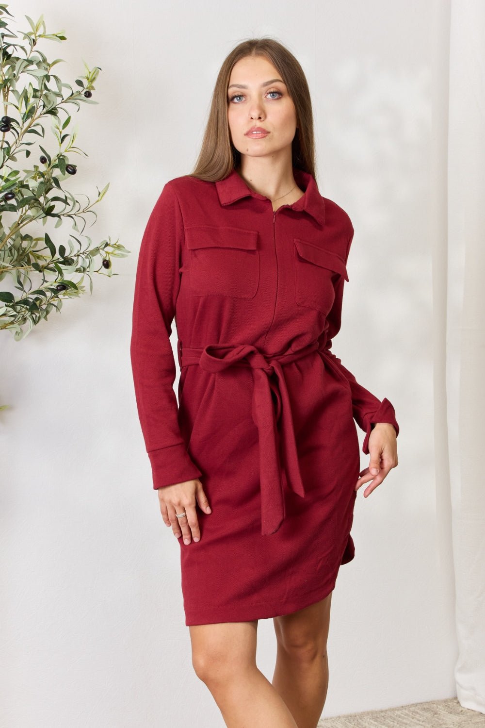 Culture Code Full Size Tie Front Half Zip Long Sleeve Shirt Dress - Runway Regalia