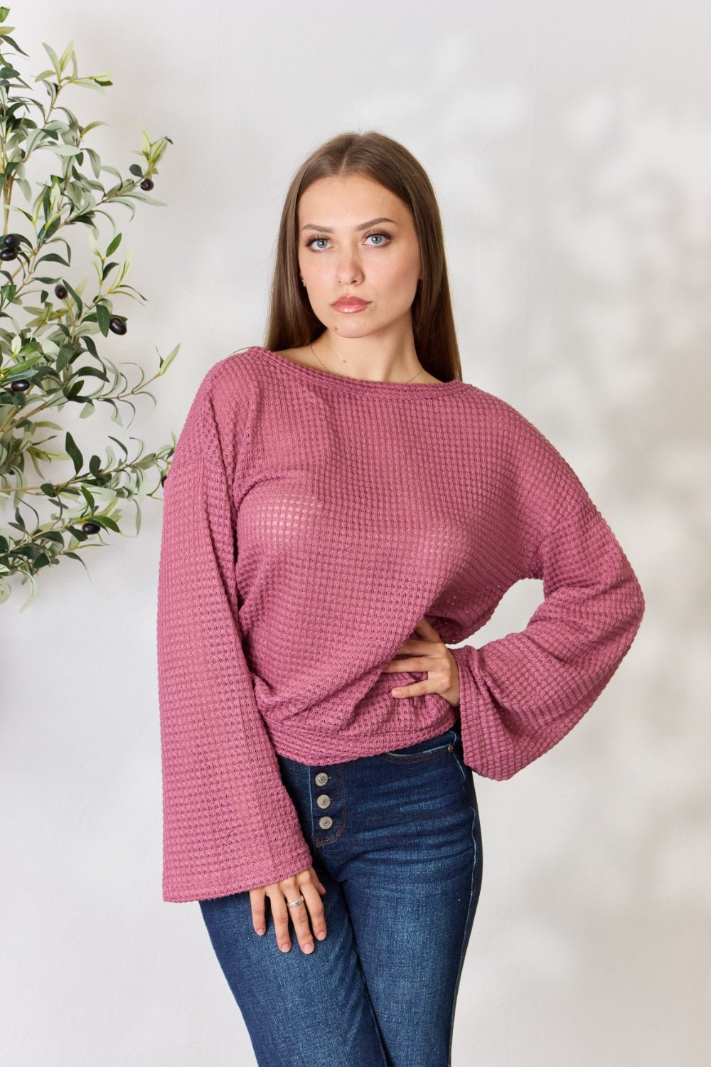 Culture Code Full Size Waffle - Knit Round Neck Long Sleeve Blouse - Runway Regalia