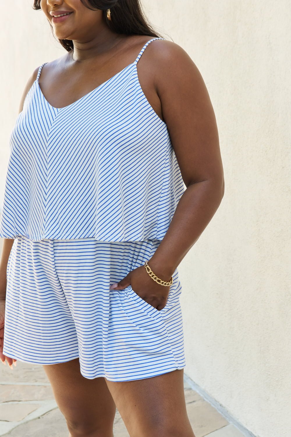 Culture Code Let It Happen Full Size Double Flare Striped Romper in Cobalt Blue - Runway Regalia