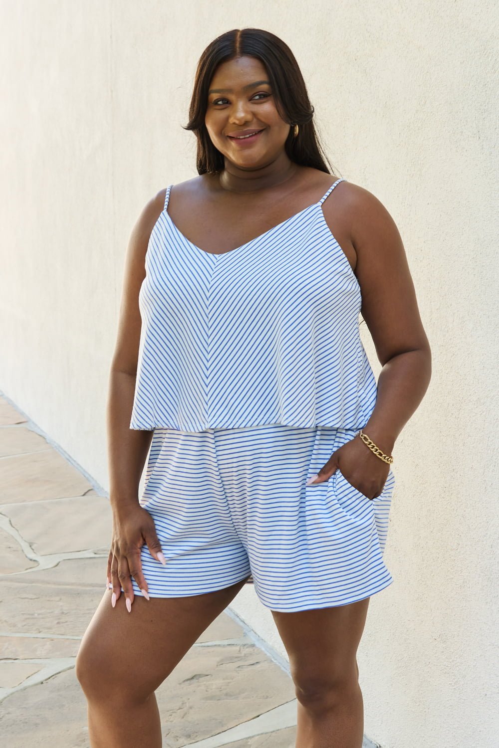 Culture Code Let It Happen Full Size Double Flare Striped Romper in Cobalt Blue - Runway Regalia