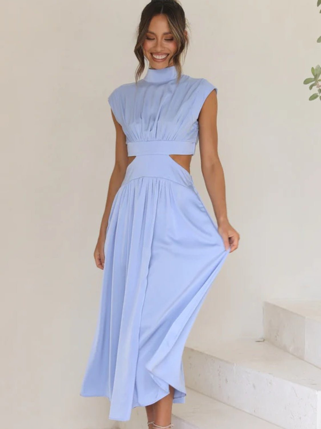 Cutout Mock Neck Sleeveless Ruched Dress - Runway Regalia