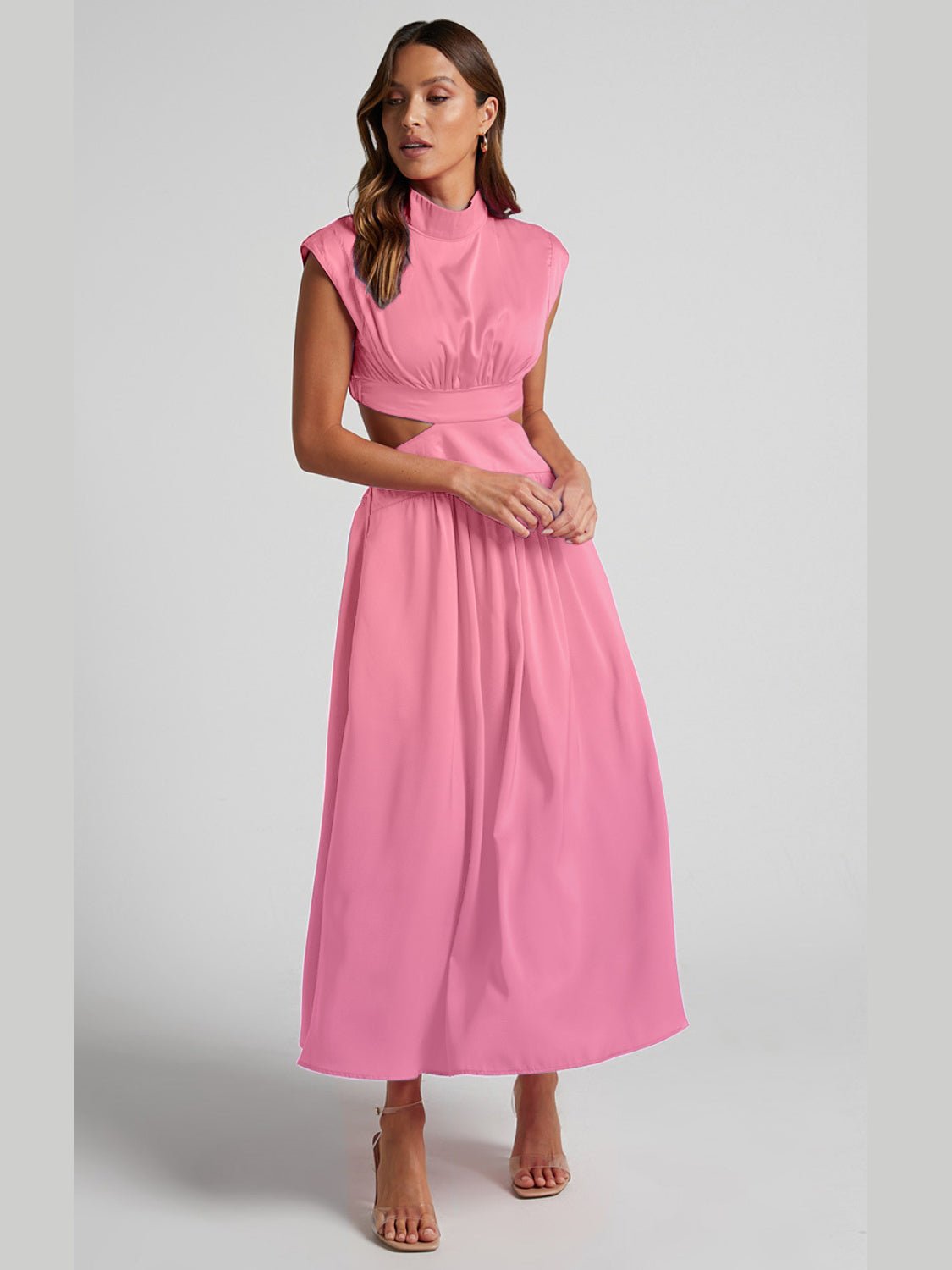 Cutout Mock Neck Sleeveless Ruched Dress - Runway Regalia