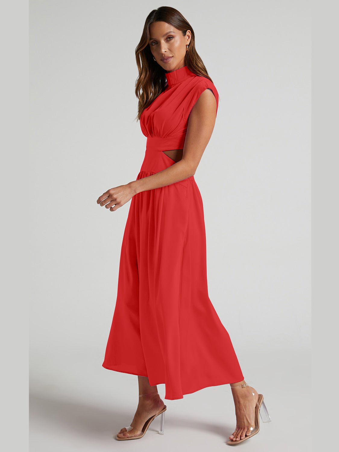 Cutout Mock Neck Sleeveless Ruched Dress - Runway Regalia