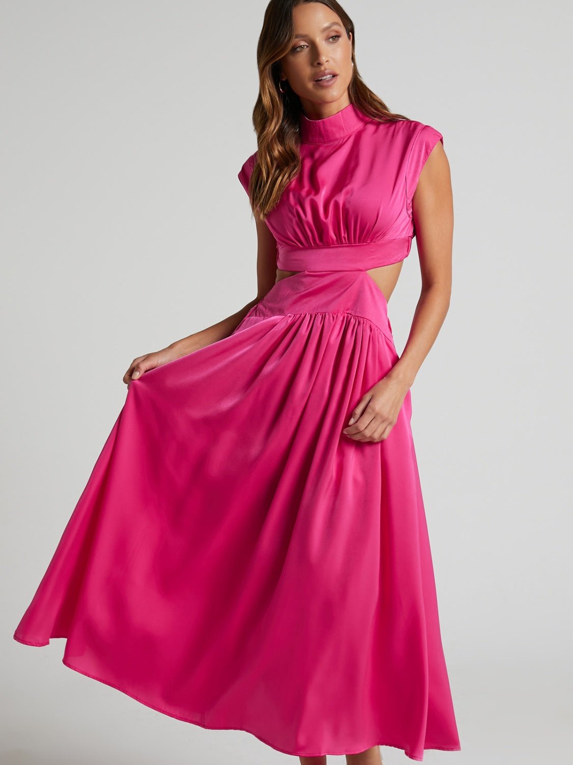 Cutout Mock Neck Sleeveless Ruched Dress - Runway Regalia