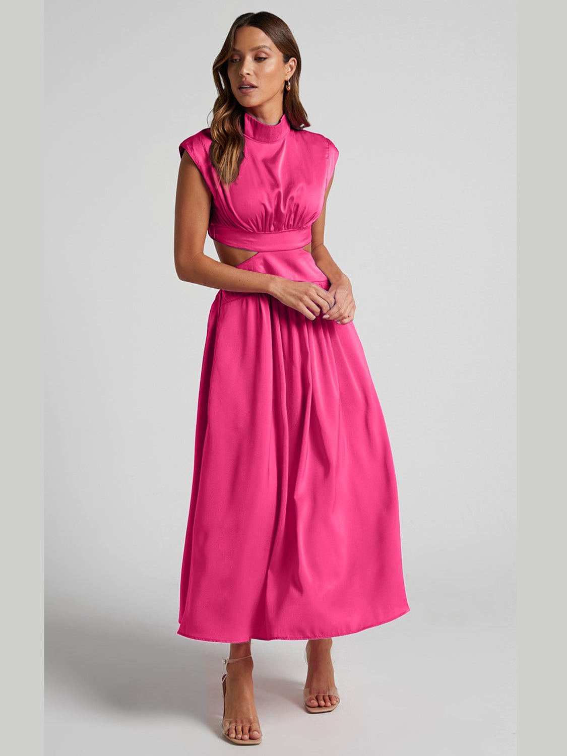 Cutout Mock Neck Sleeveless Ruched Dress - Runway Regalia