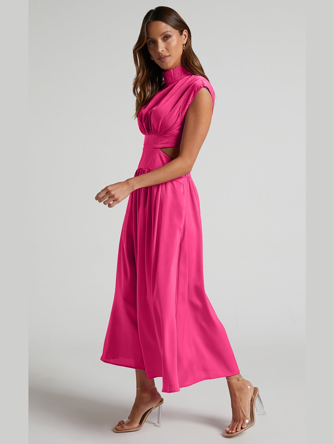 Cutout Mock Neck Sleeveless Ruched Dress - Runway Regalia